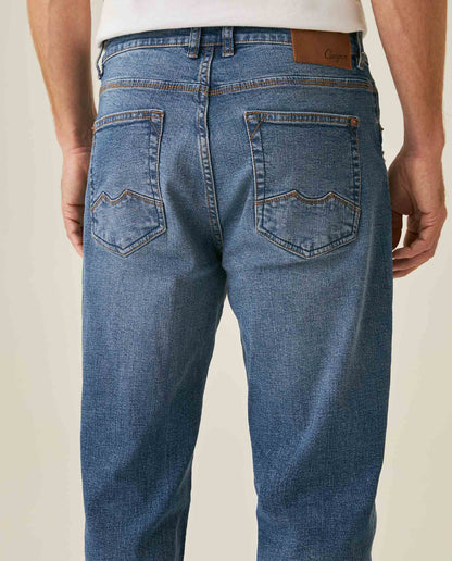 Mens Jeans Straight Fit Mid Rise Medium Wash Cotton Elastane Mini Rips Distressed Embroidered Logo - Blue 63_331H006_AZU184140_7