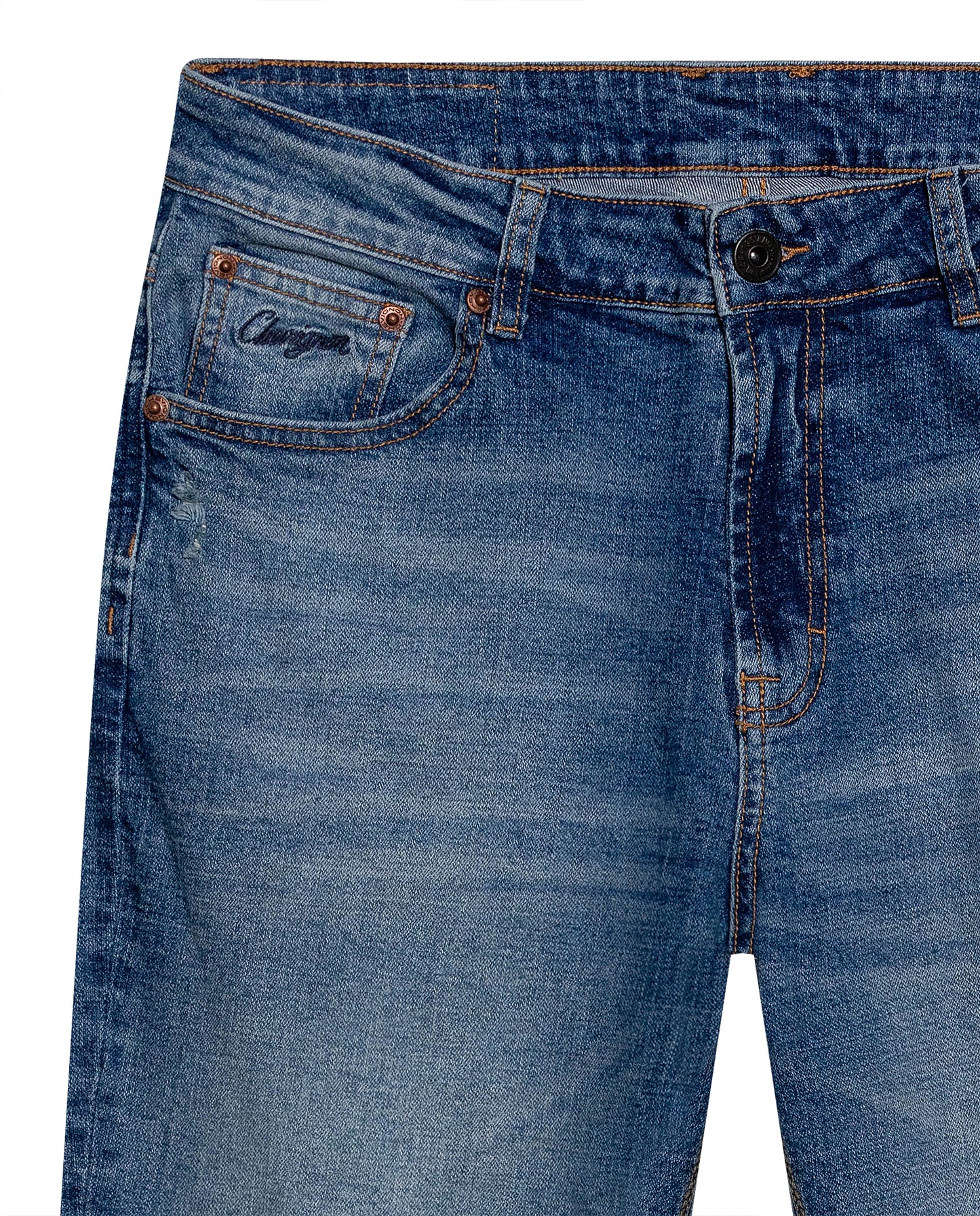 Mens Jeans Straight Fit Mid Rise Medium Wash Cotton Elastane Mini Rips Distressed Embroidered Logo - Blue 63_331H006_AZU184140_8