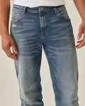 Mens Jeans Slim Fit Mid Rise Light Wash Recycled Cotton Polyester Elastane Distressed Repairs Embroidered - Blue 63_331H007_AZU154020_5