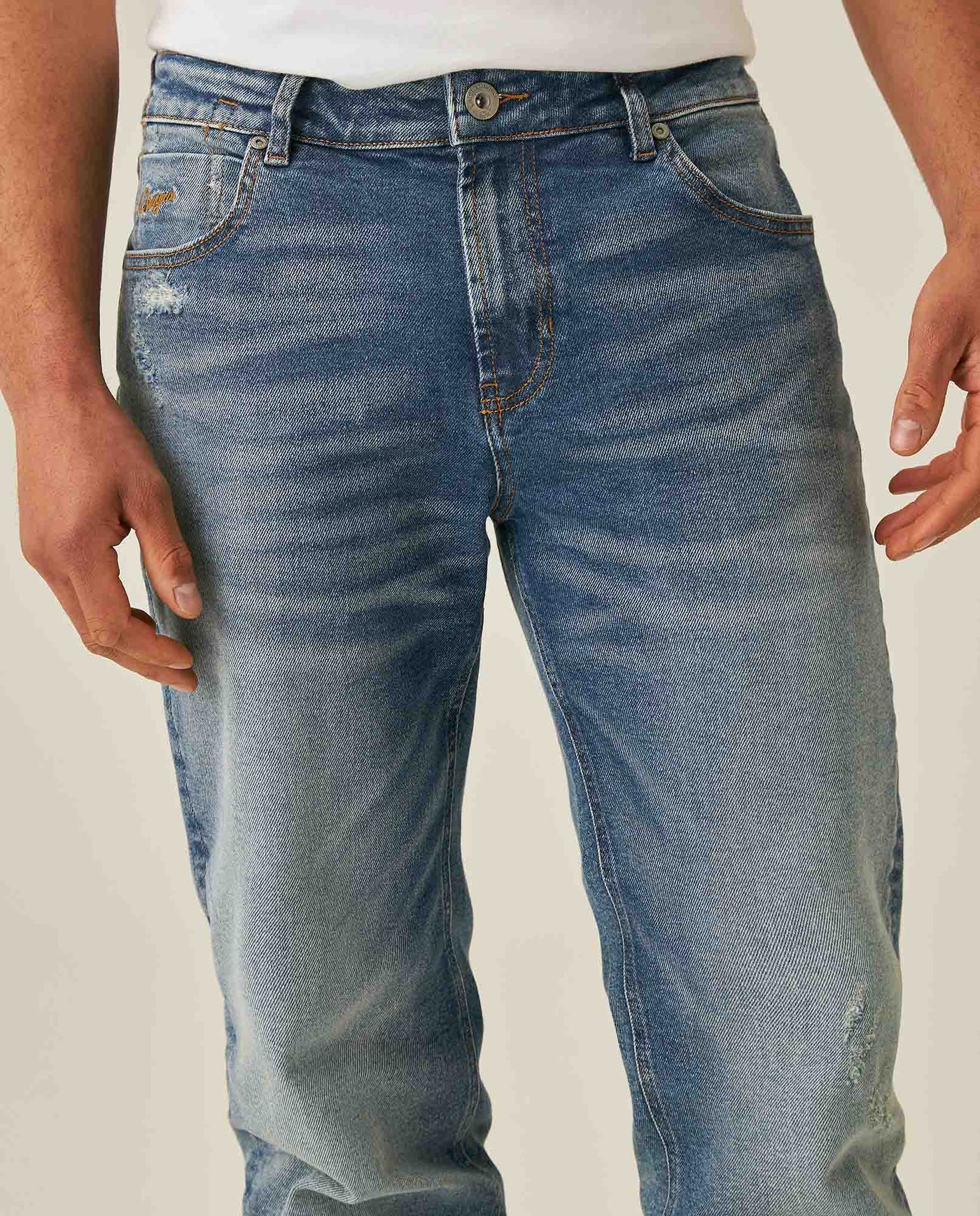 Mens Jeans Slim Fit Mid Rise Light Wash Recycled Cotton Polyester Elastane Distressed Repairs Embroidered - Blue 63_331H007_AZU154020_5