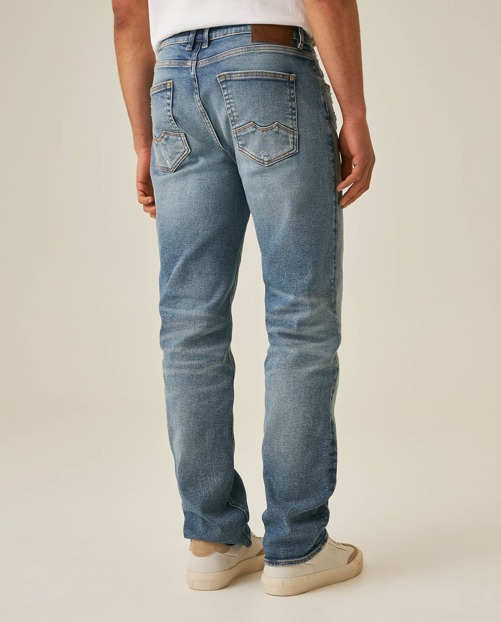 Mens Jeans Slim Fit Mid Rise Light Wash Recycled Cotton Polyester Elastane Distressed Repairs Embroidered - Blue 63_331H007_AZU154020_6
