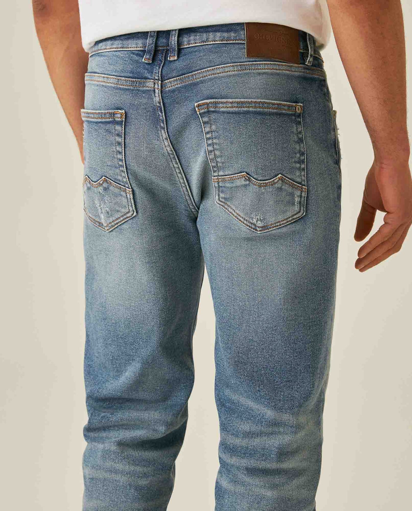 Mens Jeans Slim Fit Mid Rise Light Wash Recycled Cotton Polyester Elastane Distressed Repairs Embroidered - Blue 63_331H007_AZU154020_7