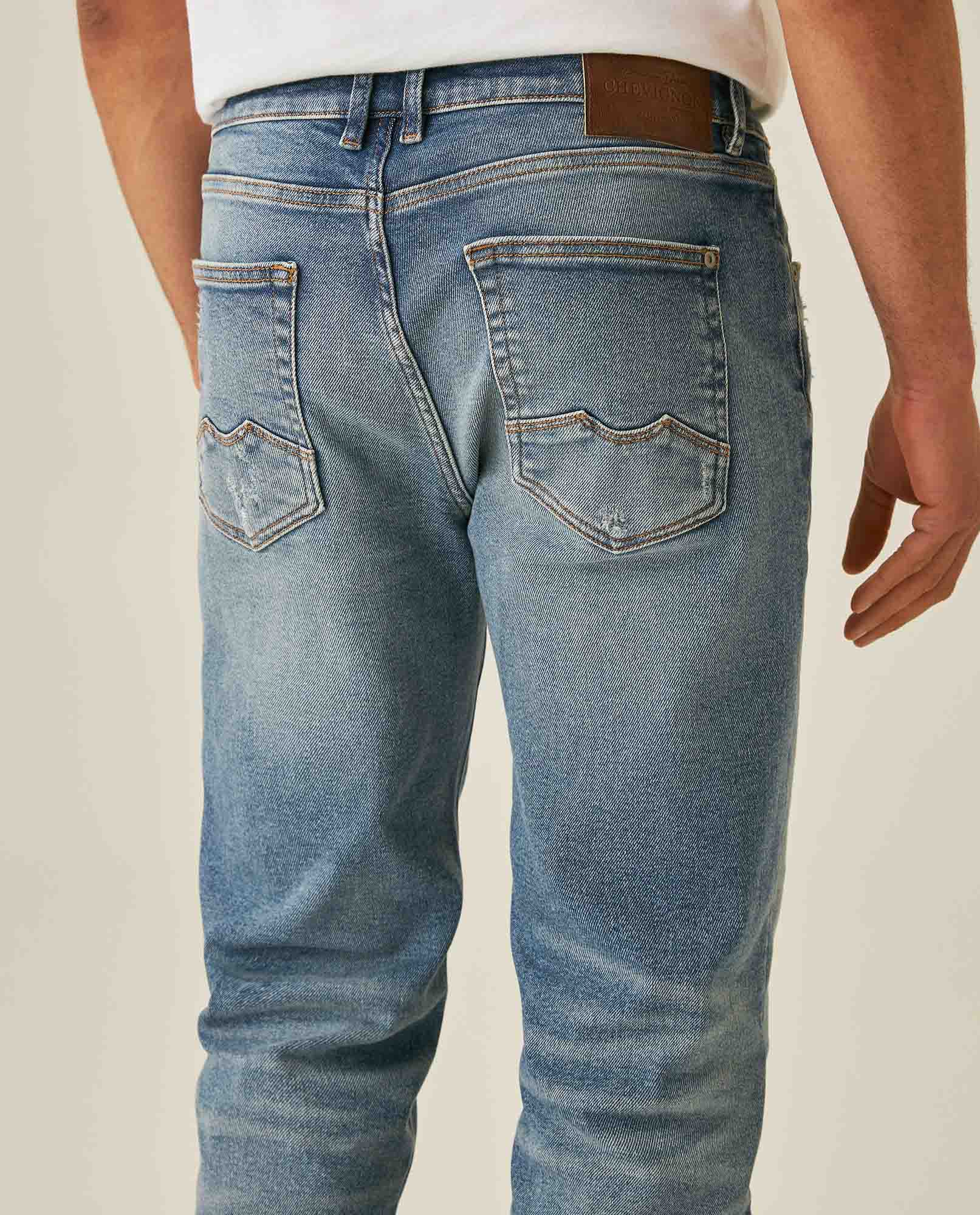 Mens Jeans Slim Fit Mid Rise Light Wash Recycled Cotton Polyester Elastane Distressed Repairs Embroidered - Blue 63_331H007_AZU154020_7