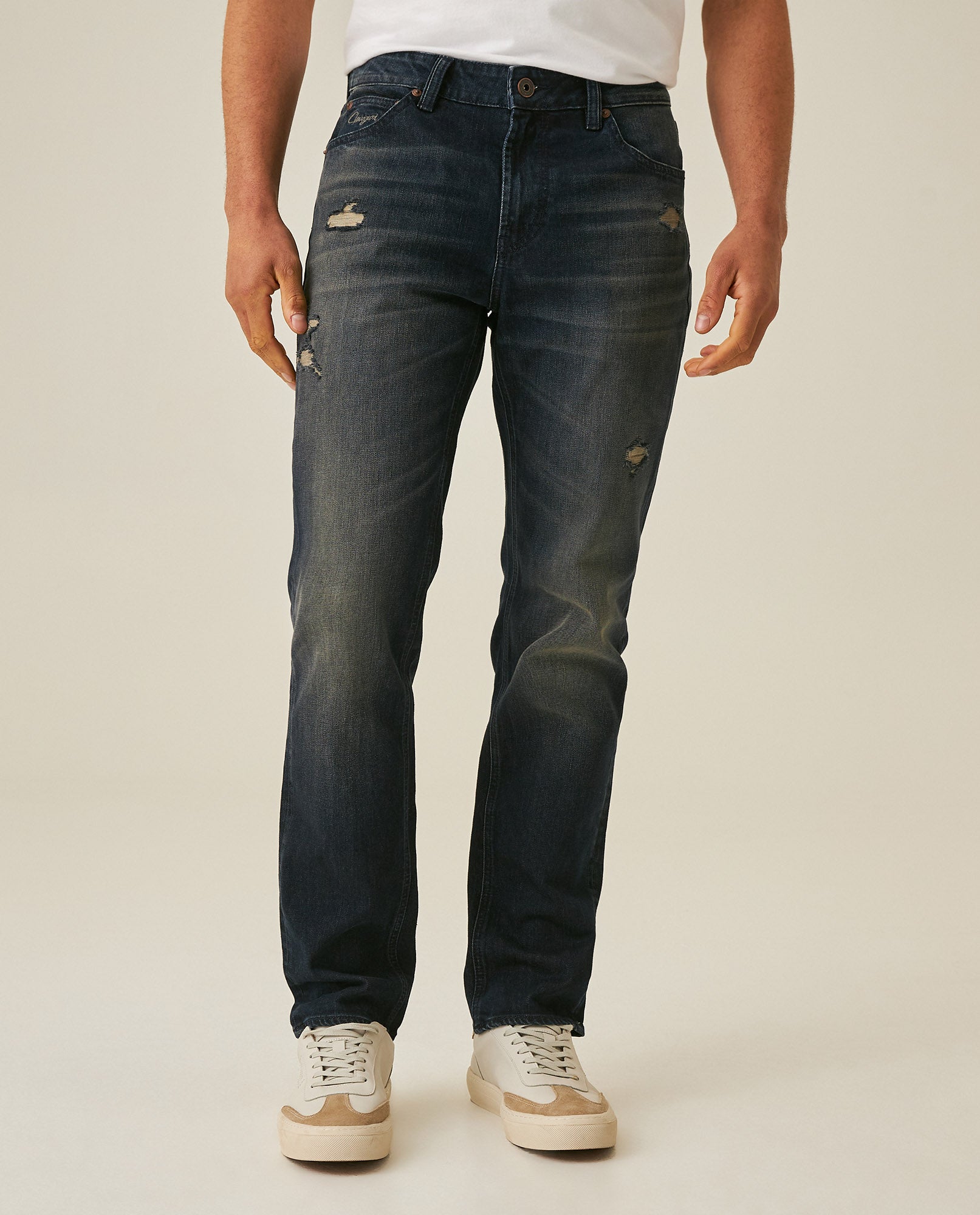 Mens Jeans Slim Fit Mid Rise Dark Wash Cotton Elastane Distressed Patches Leather Waistband Badge - Blue 63_331H009_AZU193924_0