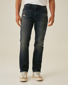 Mens Jeans Slim Fit Mid Rise Dark Wash Cotton Elastane Distressed Patches Leather Waistband Badge - Blue 63_331H009_AZU193924_0