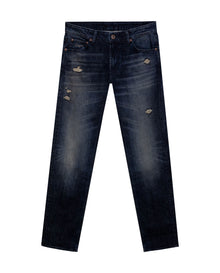 Mens Jeans Slim Fit Mid Rise Dark Wash Cotton Elastane Distressed Patches Leather Waistband Badge - Blue 63_331H009_AZU193924_3