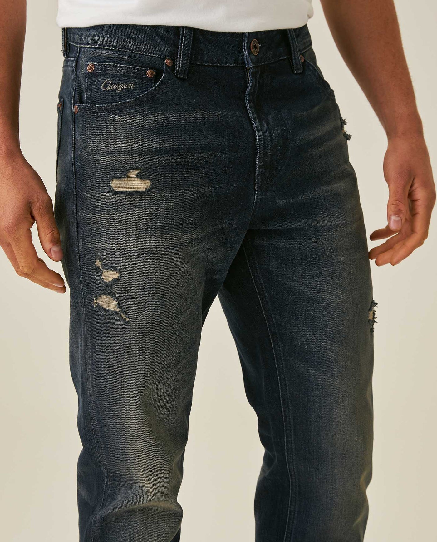 Mens Jeans Slim Fit Mid Rise Dark Wash Cotton Elastane Distressed Patches Leather Waistband Badge - Blue 63_331H009_AZU193924_5
