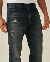 Mens Jeans Slim Fit Mid Rise Dark Wash Cotton Elastane Distressed Patches Leather Waistband Badge - Blue 63_331H009_AZU193924_5
