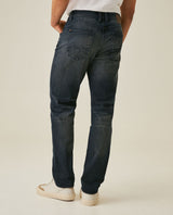 Mens Jeans Slim Fit Mid Rise Dark Wash Cotton Elastane Distressed Patches Leather Waistband Badge - Blue 63_331H009_AZU193924_6