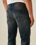 Mens Jeans Slim Fit Mid Rise Dark Wash Cotton Elastane Distressed Patches Leather Waistband Badge - Blue 63_331H009_AZU193924_7