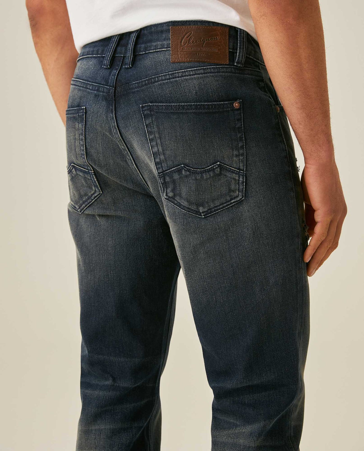 Mens Jeans Slim Fit Mid Rise Dark Wash Cotton Elastane Distressed Patches Leather Waistband Badge - Blue 63_331H009_AZU193924_7