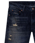 Mens Jeans Slim Fit Mid Rise Dark Wash Cotton Elastane Distressed Patches Leather Waistband Badge - Blue 63_331H009_AZU193924_8