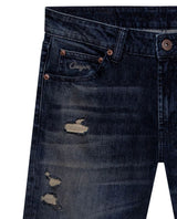 Mens Jeans Slim Fit Mid Rise Dark Wash Cotton Elastane Distressed Patches Leather Waistband Badge - Blue 63_331H009_AZU193924_8