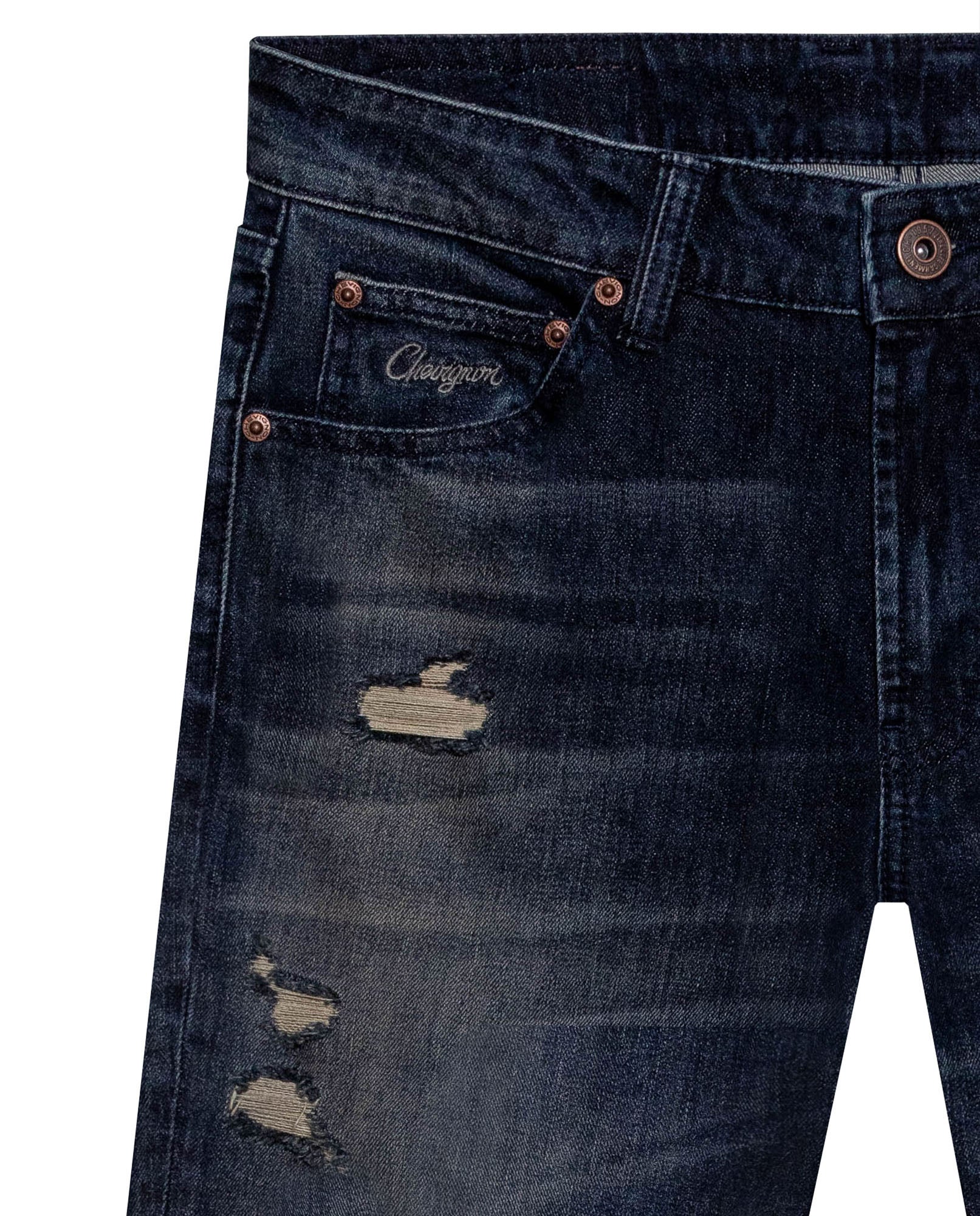 Mens Jeans Slim Fit Mid Rise Dark Wash Cotton Elastane Distressed Patches Leather Waistband Badge - Blue 63_331H009_AZU193924_8