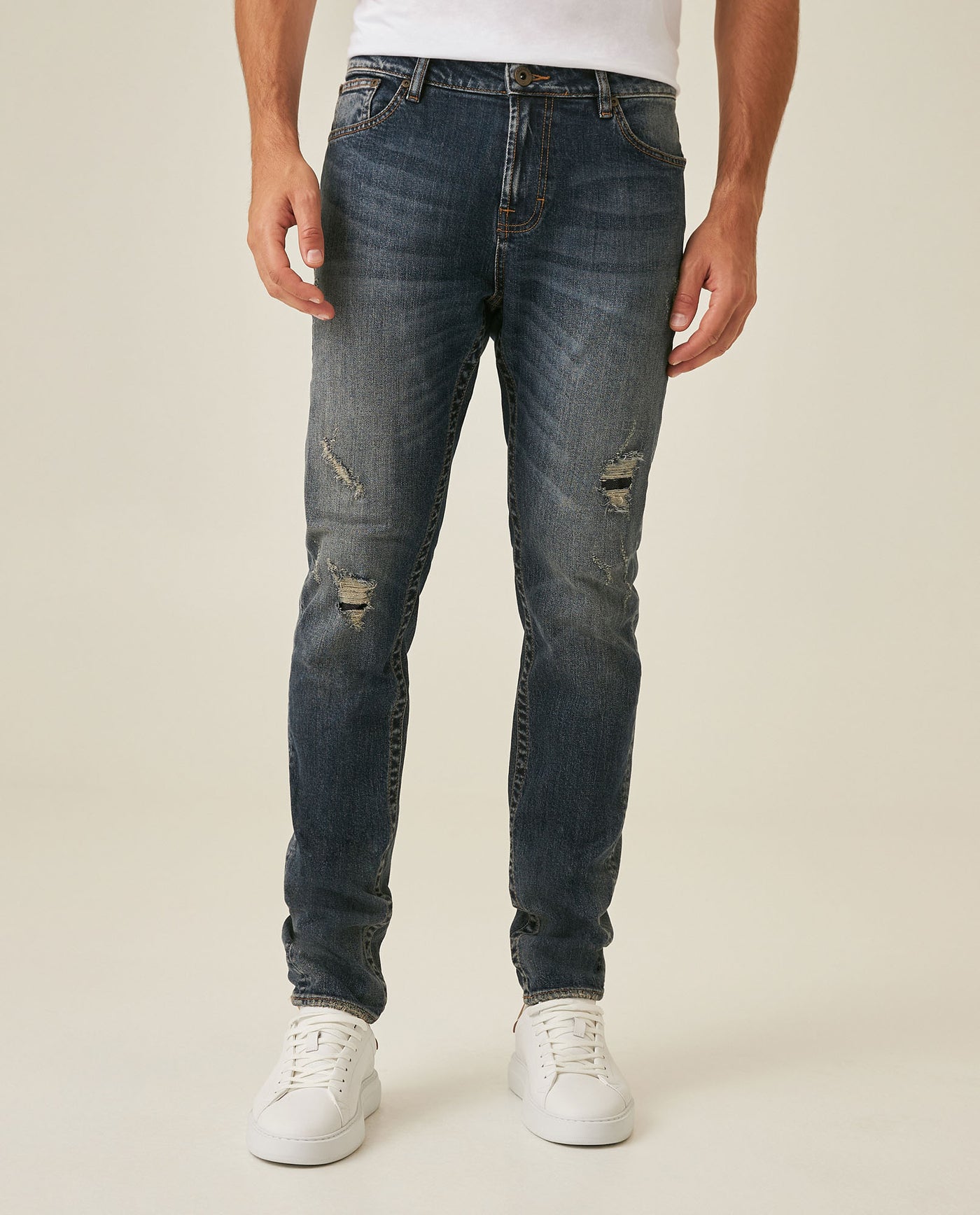 Mens Jeans Skinny Fit Mid Rise Dark Wash Cotton Elastane Distressed Contrast Patches Leather Badge - Blue 63_331H010_AZU194052_0