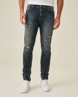 Mens Jeans Skinny Fit Mid Rise Dark Wash Cotton Elastane Distressed Contrast Patches Leather Badge - Blue 63_331H010_AZU194052_0