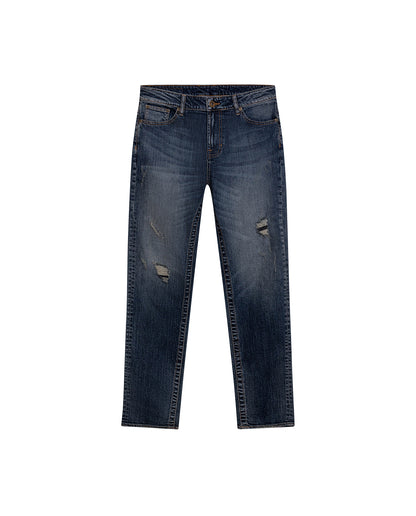 Mens Jeans Skinny Fit Mid Rise Dark Wash Cotton Elastane Distressed Contrast Patches Leather Badge - Blue 63_331H010_AZU194052_3