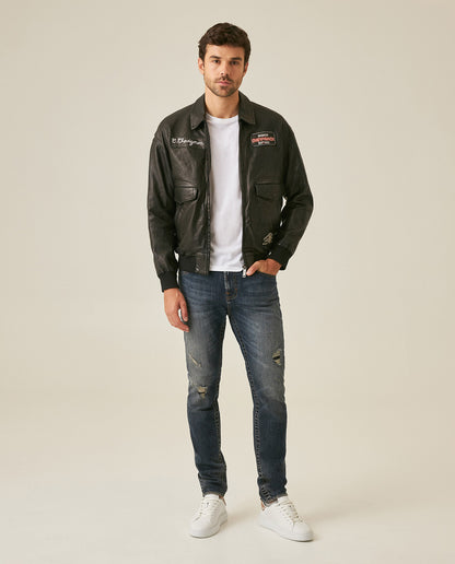 Mens Jeans Skinny Fit Mid Rise Dark Wash Cotton Elastane Distressed Contrast Patches Leather Badge - Blue 63_331H010_AZU194052_4