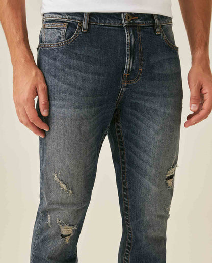 Mens Jeans Skinny Fit Mid Rise Dark Wash Cotton Elastane Distressed Contrast Patches Leather Badge - Blue 63_331H010_AZU194052_5