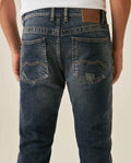 Mens Jeans Skinny Fit Mid Rise Dark Wash Cotton Elastane Distressed Contrast Patches Leather Badge - Blue 63_331H010_AZU194052_7