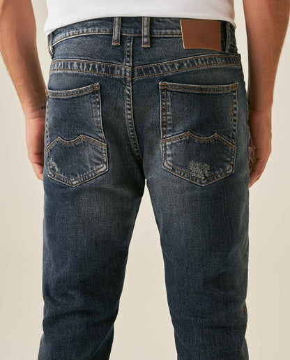 Mens Jeans Skinny Fit Mid Rise Dark Wash Cotton Elastane Distressed Contrast Patches Leather Badge - Blue 63_331H010_AZU194052_7