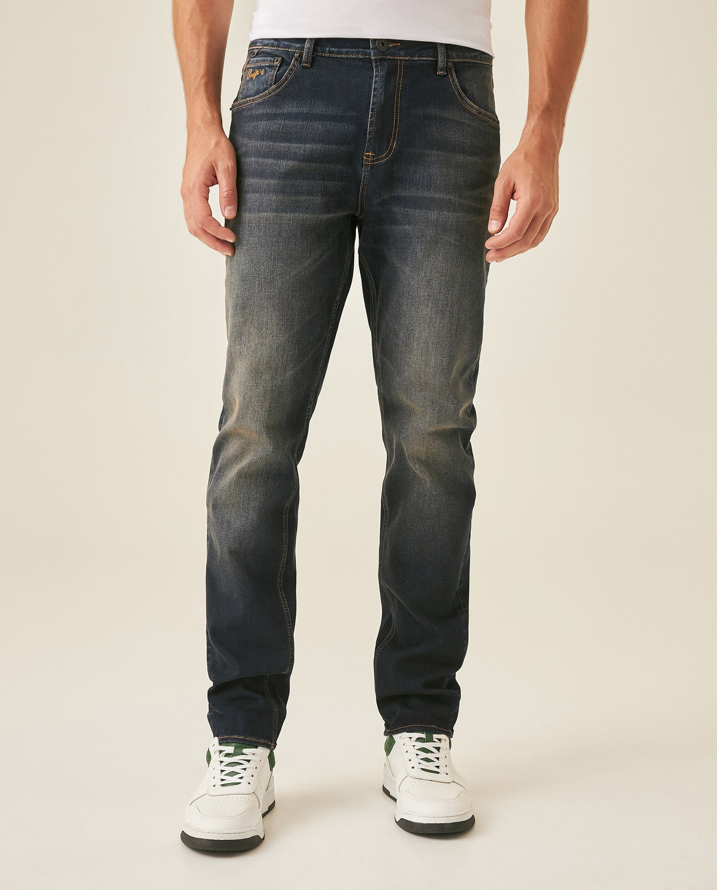 Mens Jeans Slim Fit Mid Rise Dark Wash Cotton Recycled Polyester Elastane Intense Distressed Dirty Effect - Blue 63_331H011_AZU194052_0