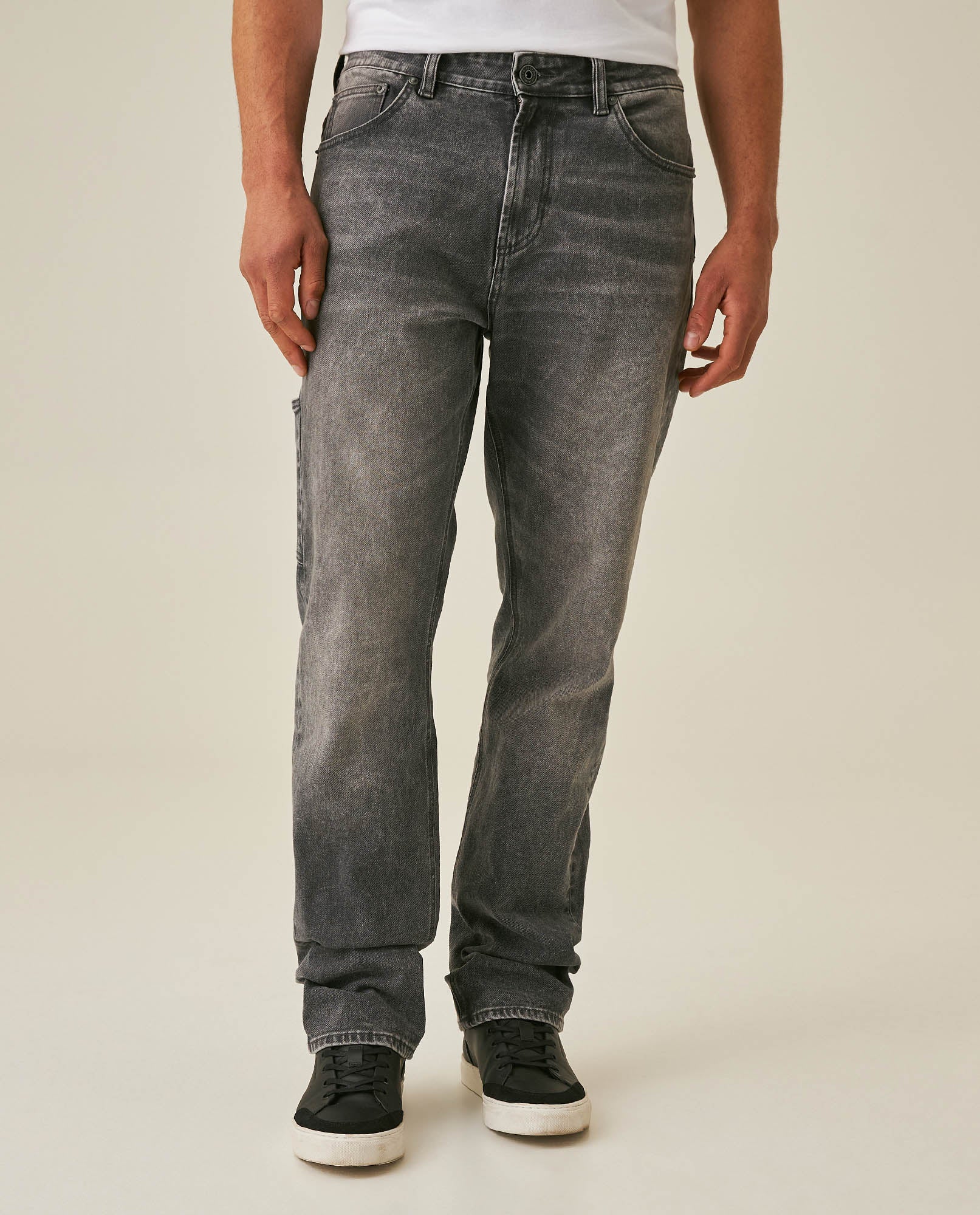 Mens Jeans Straight Fit High Rise Gray Wash Cotton Polyester Elastane Functional Side Pocket Eyelet - Gray 63_331H013_GRI194305_0