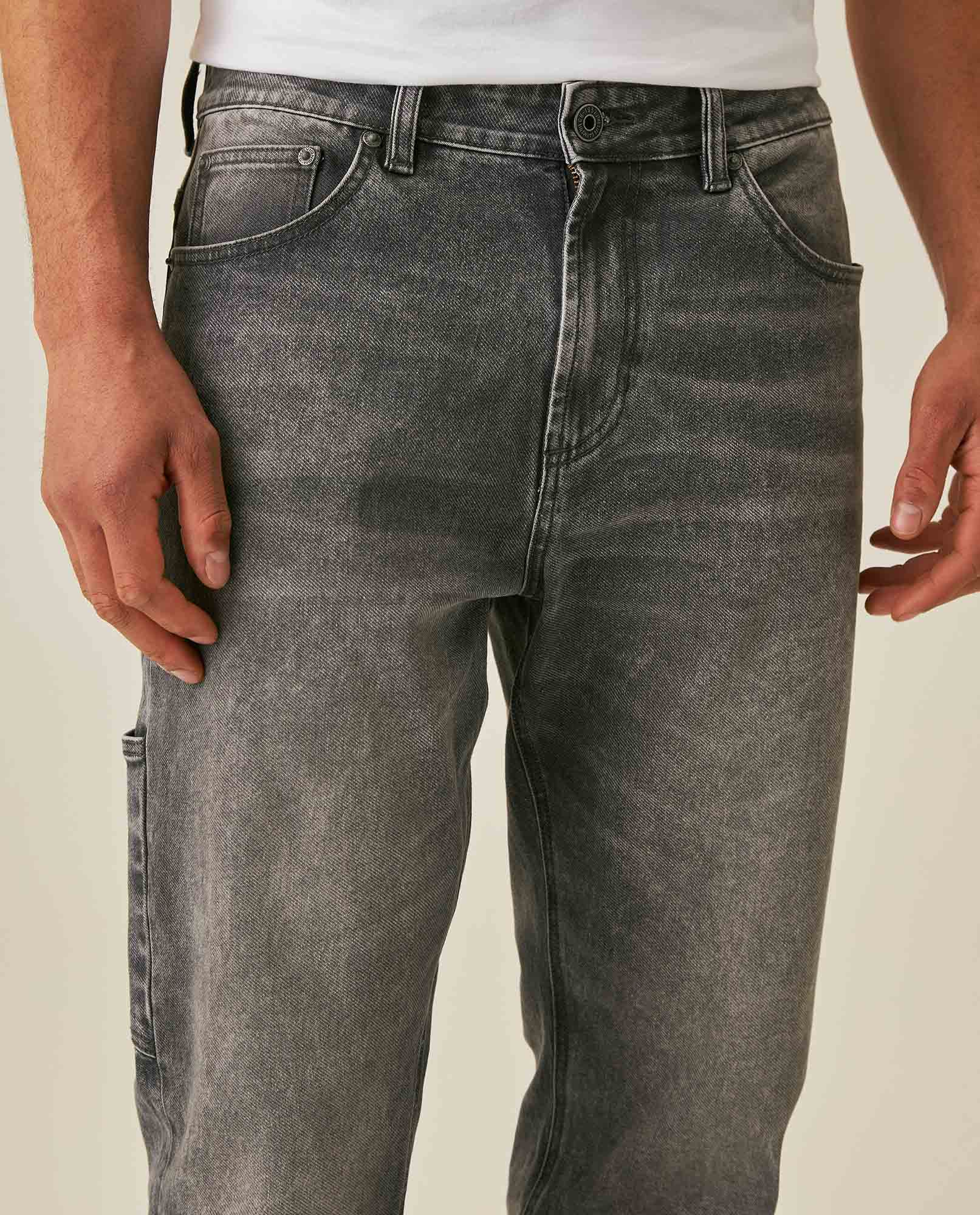 Mens Jeans Straight Fit High Rise Gray Wash Cotton Polyester Elastane Functional Side Pocket Eyelet - Gray 63_331H013_GRI194305_5