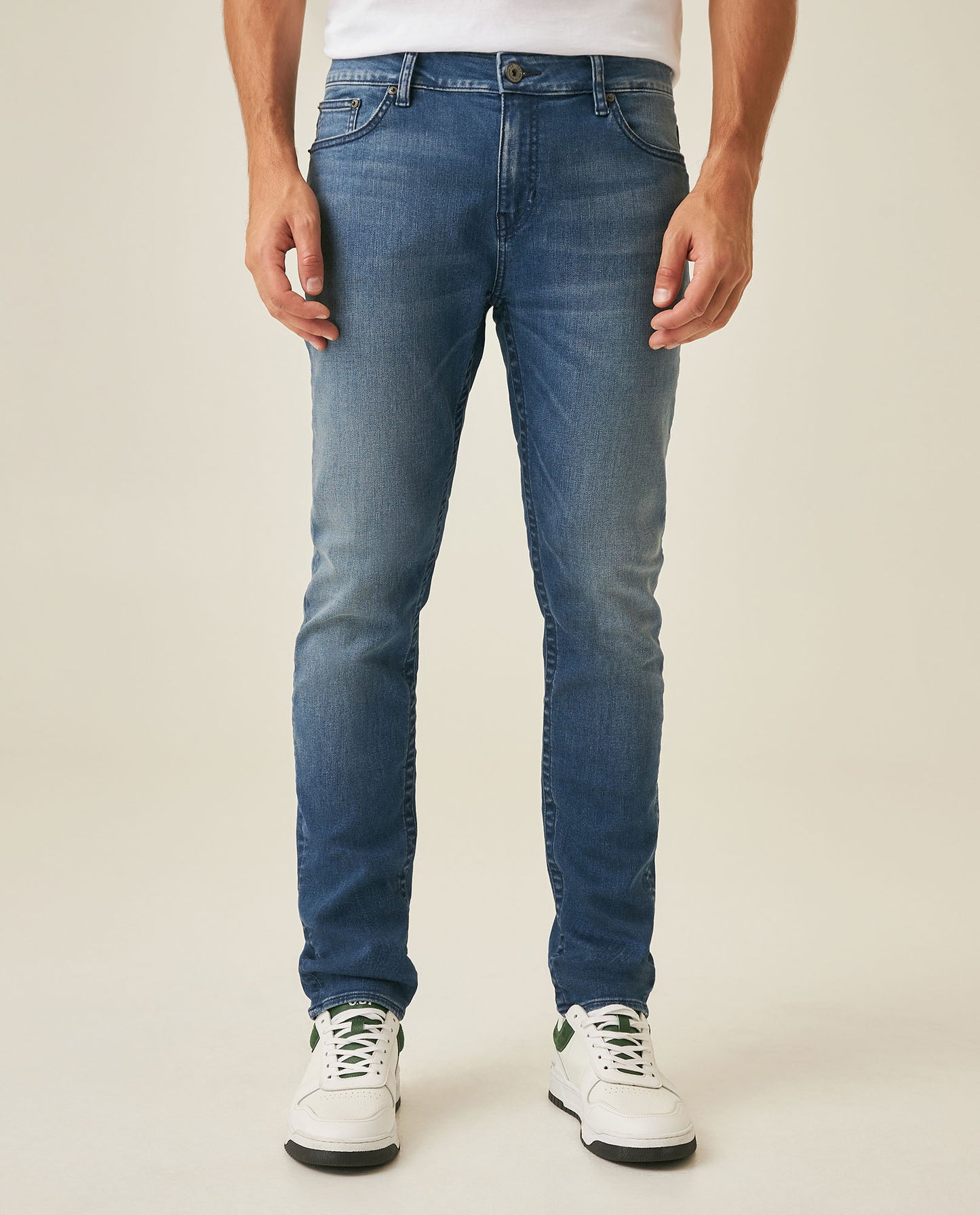 Mens Jeans Skinny Fit Mid Rise Medium Wash Cotton Recycled Polyester Elastane Clean Subtle Distressing - Blue 63_331H014_AZU184140_0