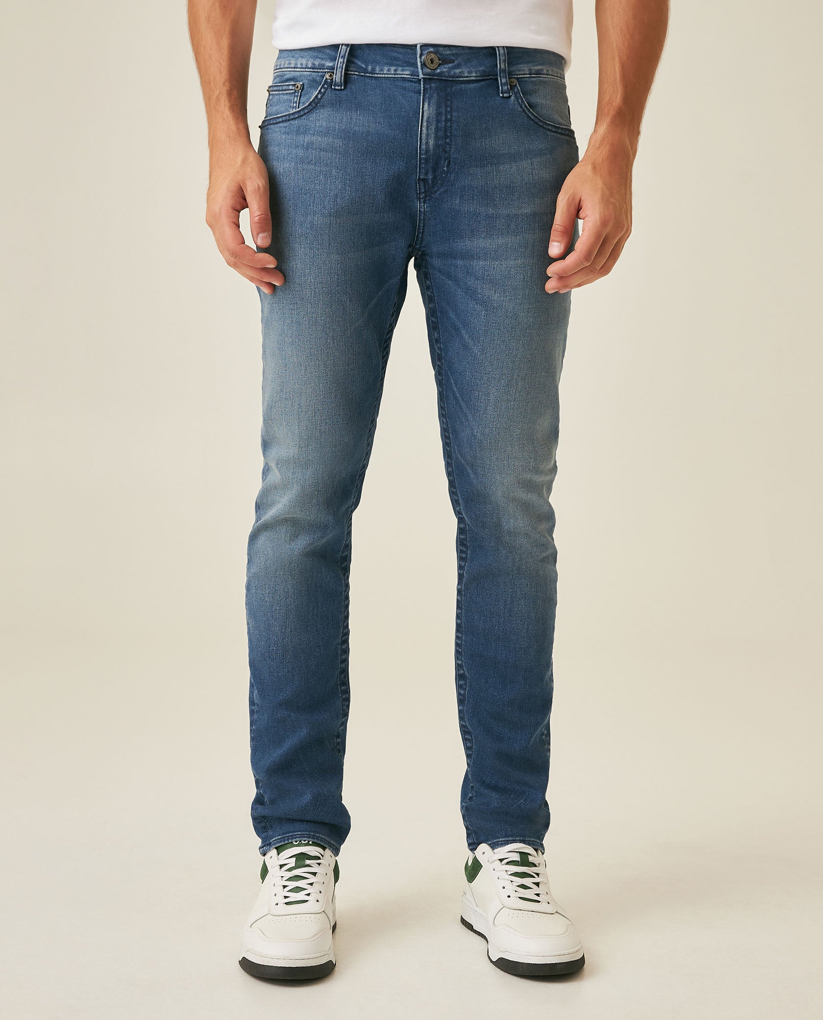 Mens Jeans Skinny Fit Mid Rise Medium Wash Cotton Recycled Polyester Elastane Clean Subtle Distressing - Blue 63_331H014_AZU184140_0