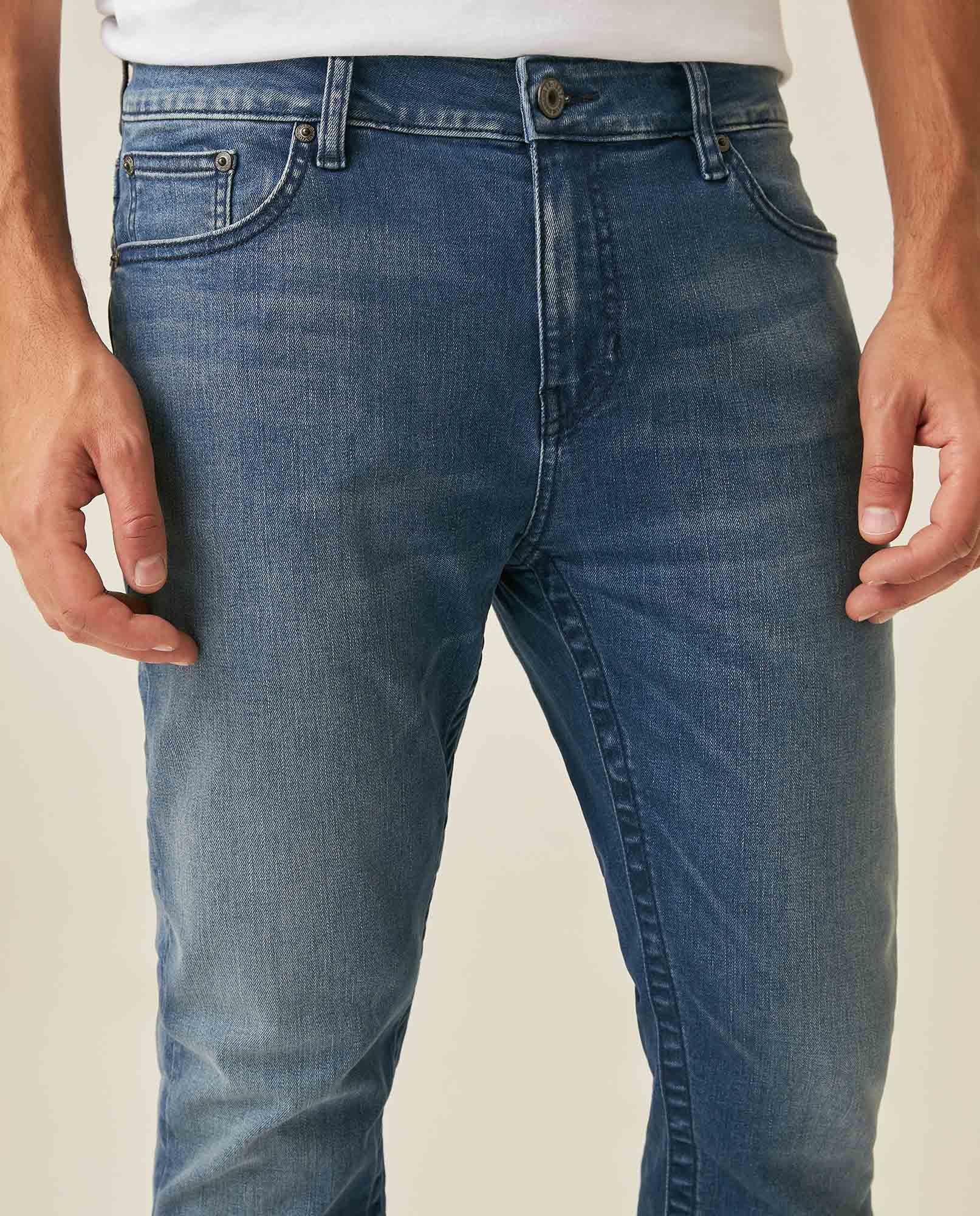 Mens Jeans Skinny Fit Mid Rise Medium Wash Cotton Recycled Polyester Elastane Clean Subtle Distressing - Blue 63_331H014_AZU184140_5