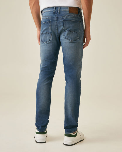 Mens Jeans Skinny Fit Mid Rise Medium Wash Cotton Recycled Polyester Elastane Clean Subtle Distressing - Blue 63_331H014_AZU184140_6