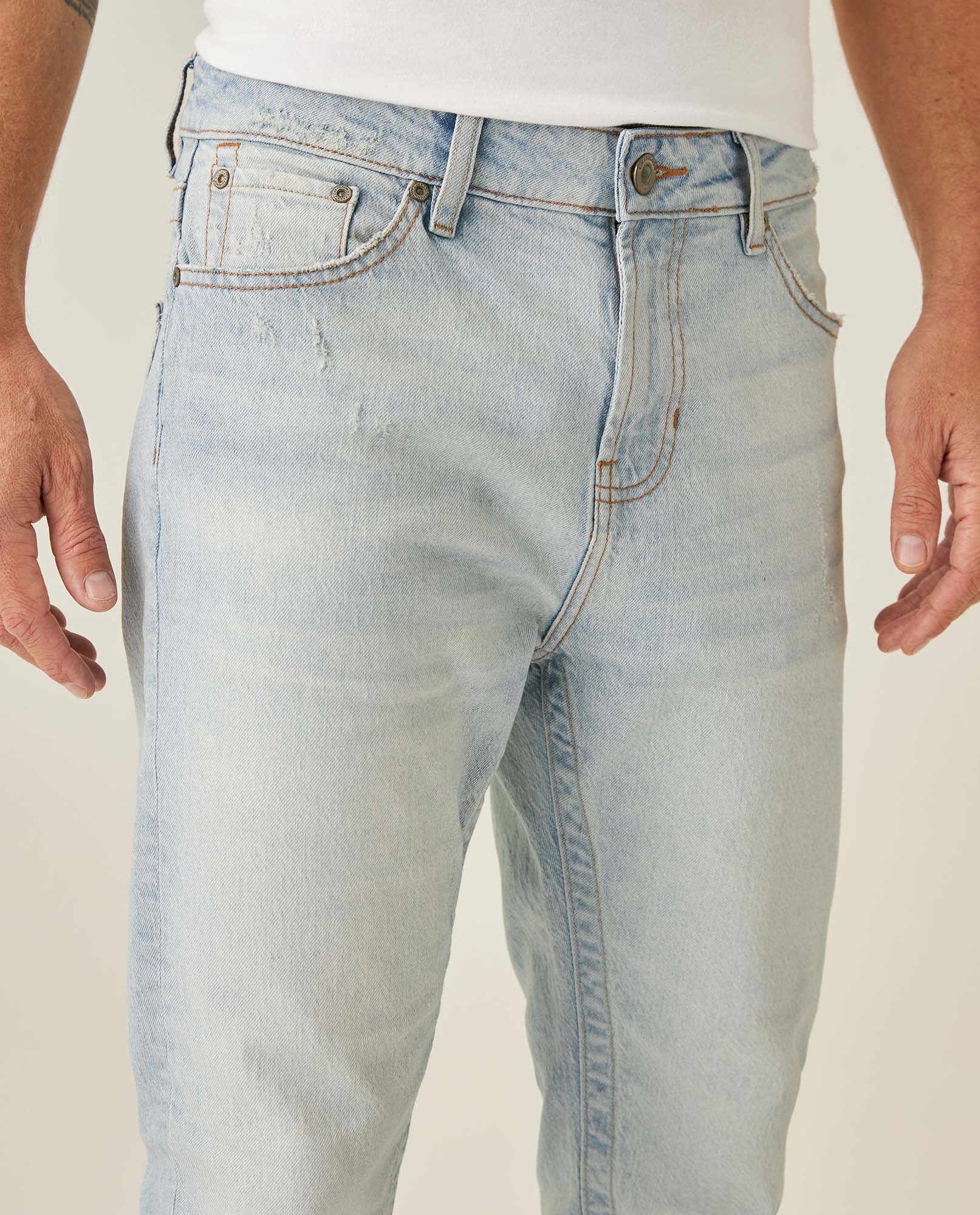 Mens Jeans Skinny Fit Mid Rise Light Wash Cotton Elastane Strategic Distressing Clean Silhouette - Blue 63_331H016_AZU154020_5