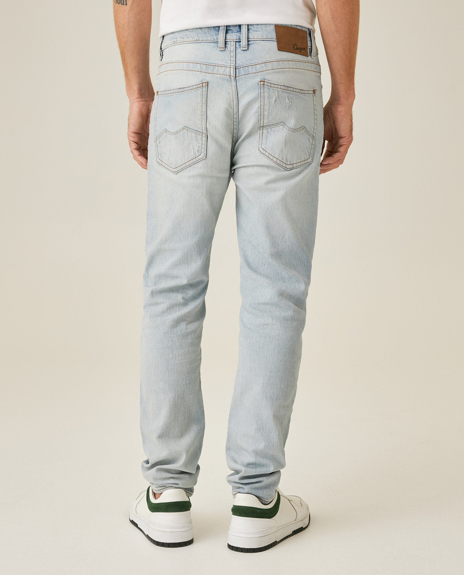 Mens Jeans Skinny Fit Mid Rise Light Wash Cotton Elastane Strategic Distressing Clean Silhouette - Blue 63_331H016_AZU154020_6