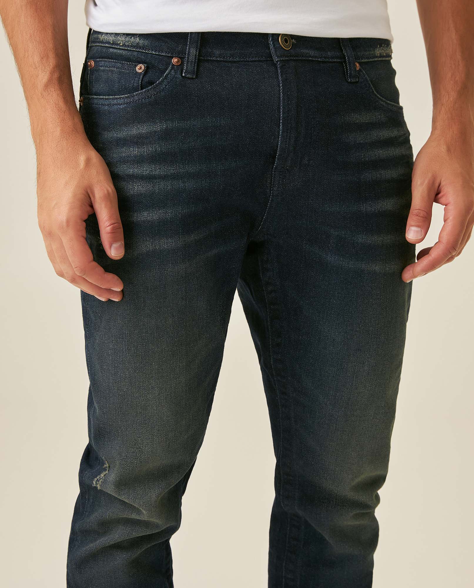 Mens Jeans Skinny Fit Mid Rise Dark Wash Cotton Elastane Classic Distressing Clean Dark Wash - Blue 63_331H019_AZU194052_5