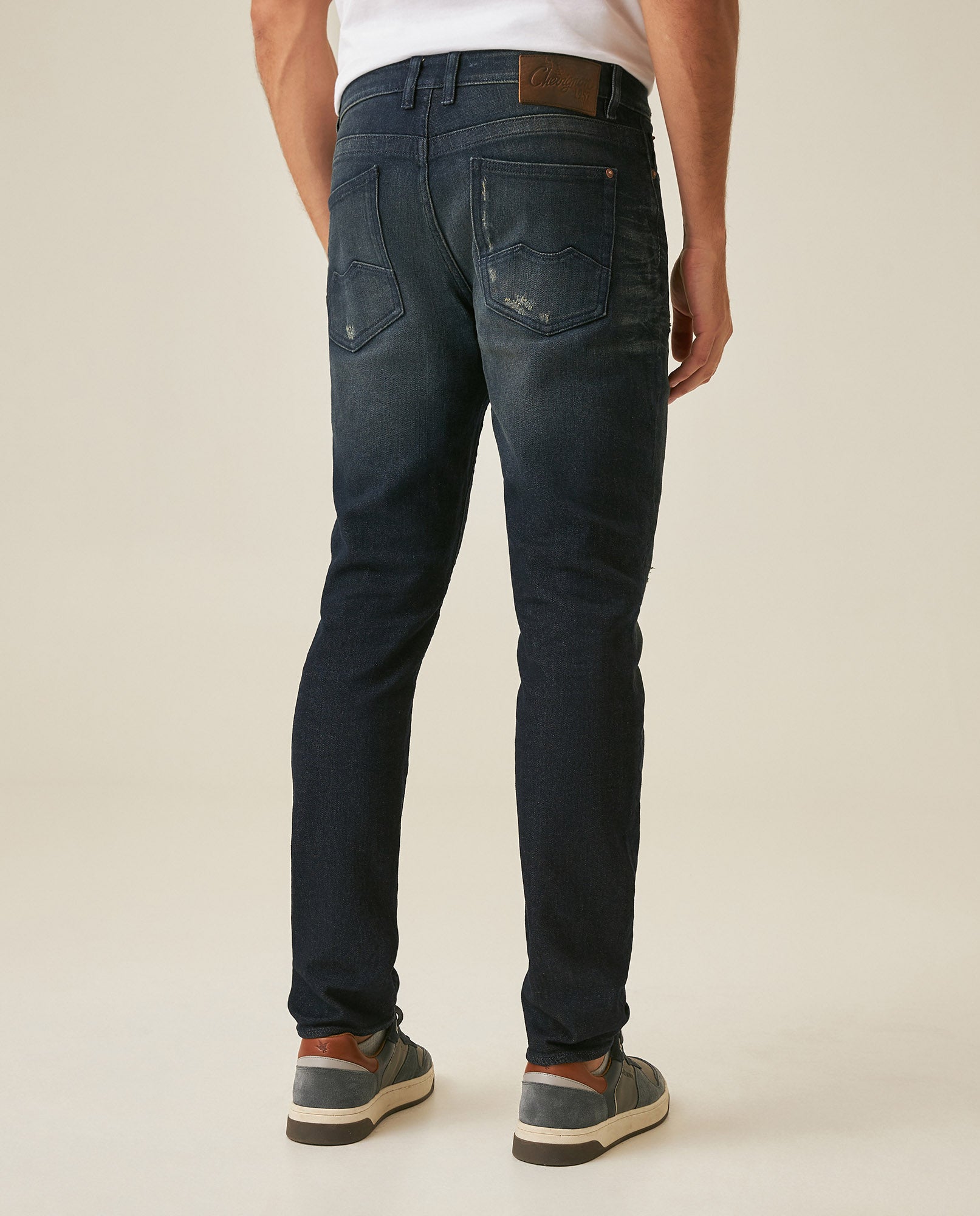Mens Jeans Skinny Fit Mid Rise Dark Wash Cotton Elastane Classic Distressing Clean Dark Wash - Blue 63_331H019_AZU194052_6