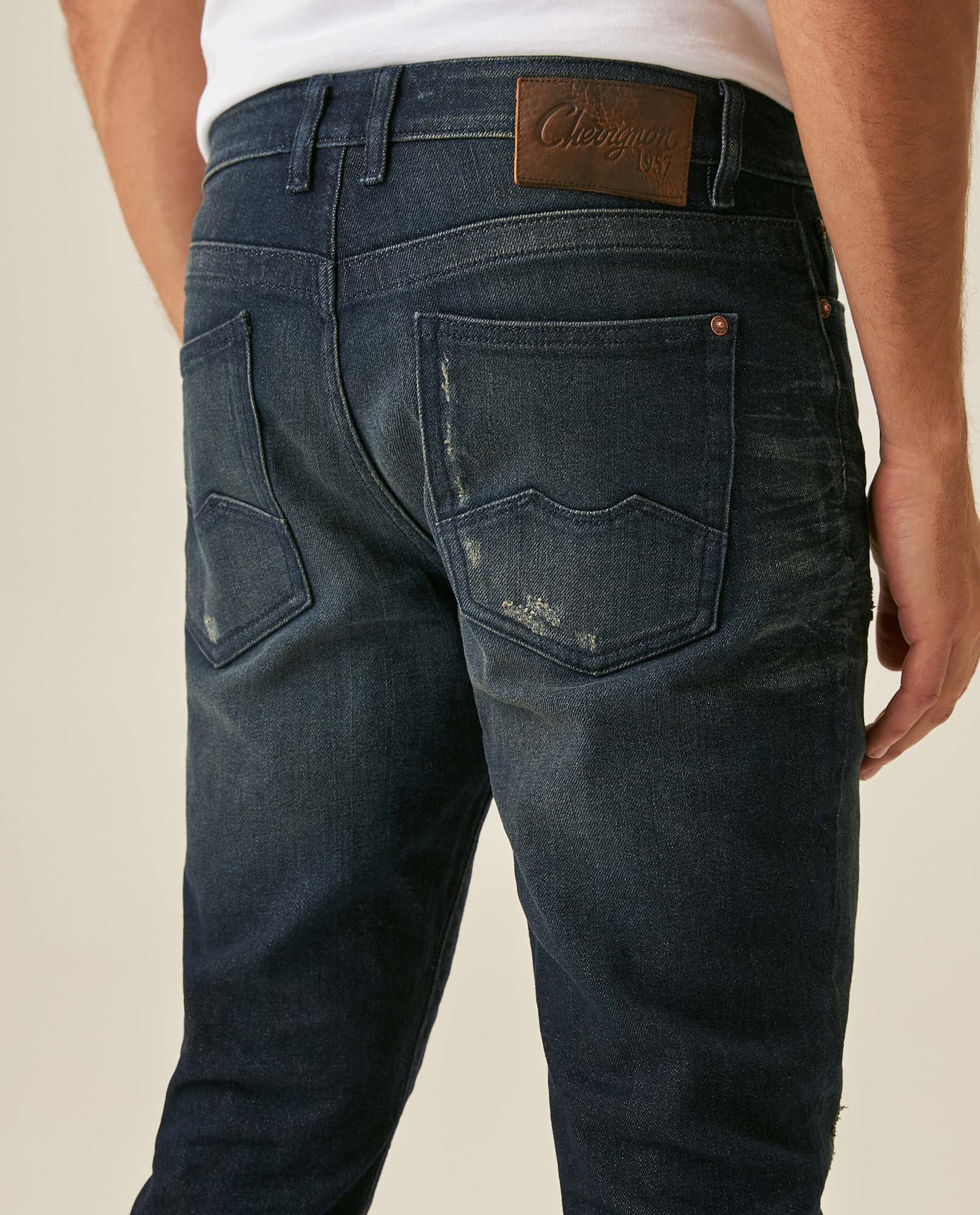 Mens Jeans Skinny Fit Mid Rise Dark Wash Cotton Elastane Classic Distressing Clean Dark Wash - Blue 63_331H019_AZU194052_7