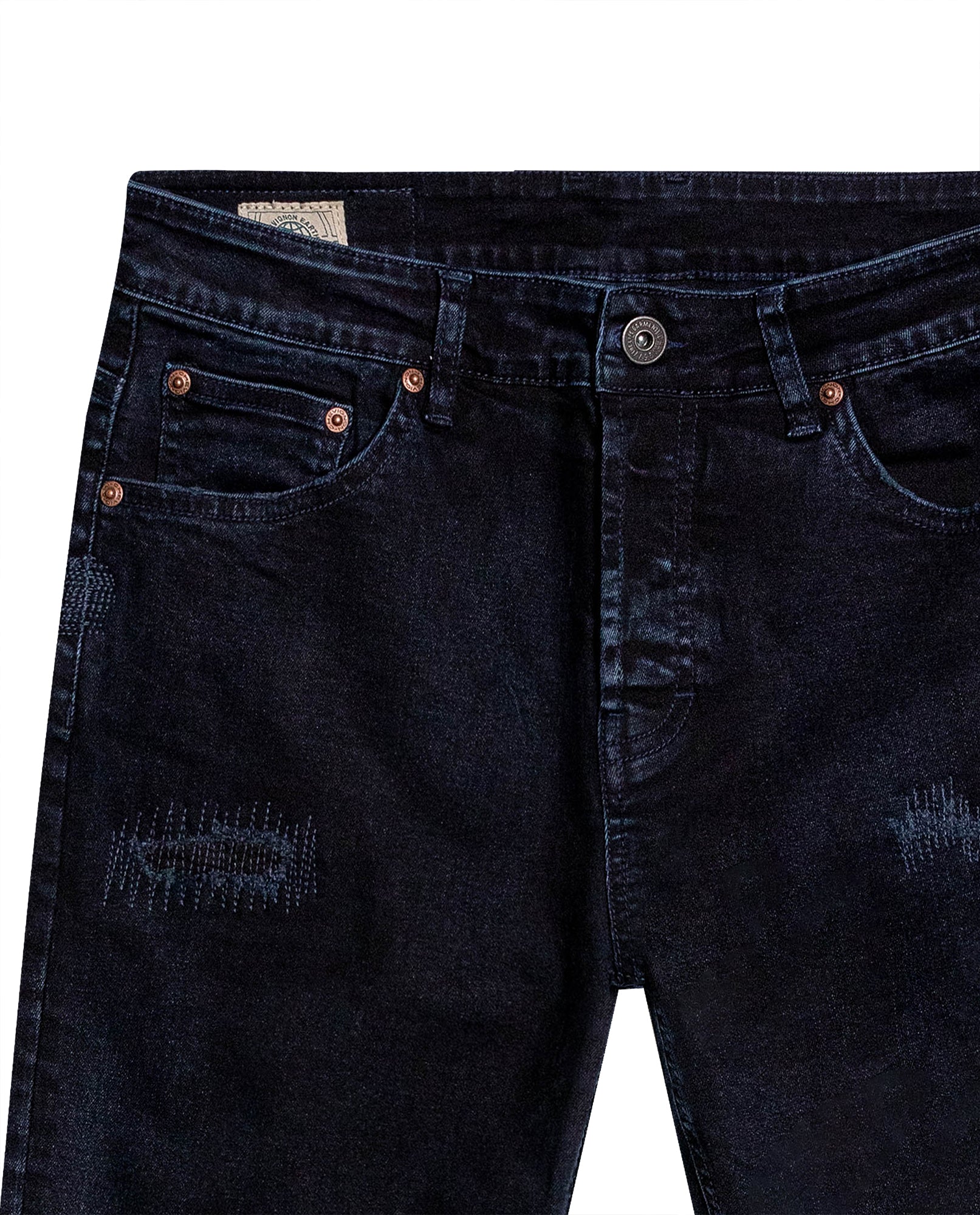 Mens Jeans Skinny Fit Low Rise Dark Wash Cotton Elastane Distressed Patches Artisan Repairs - Blue 63_331H022_AZU194052_8