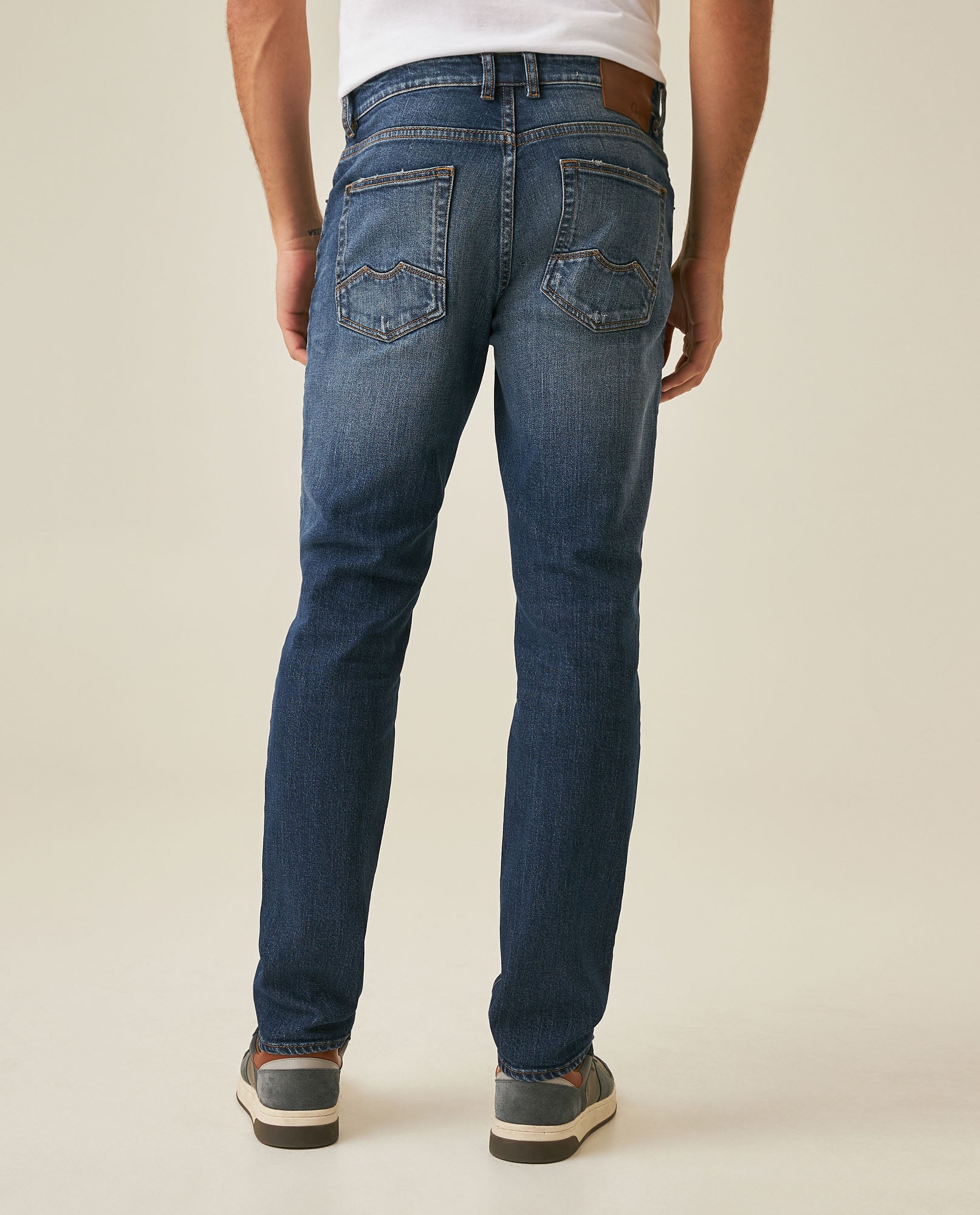 Mens Jeans Straight Fit Mid Rise Dark Wash Cotton Elastane Classic Distressing Mini Rips Embroidered - Blue 63_331H023_AZU184140_6