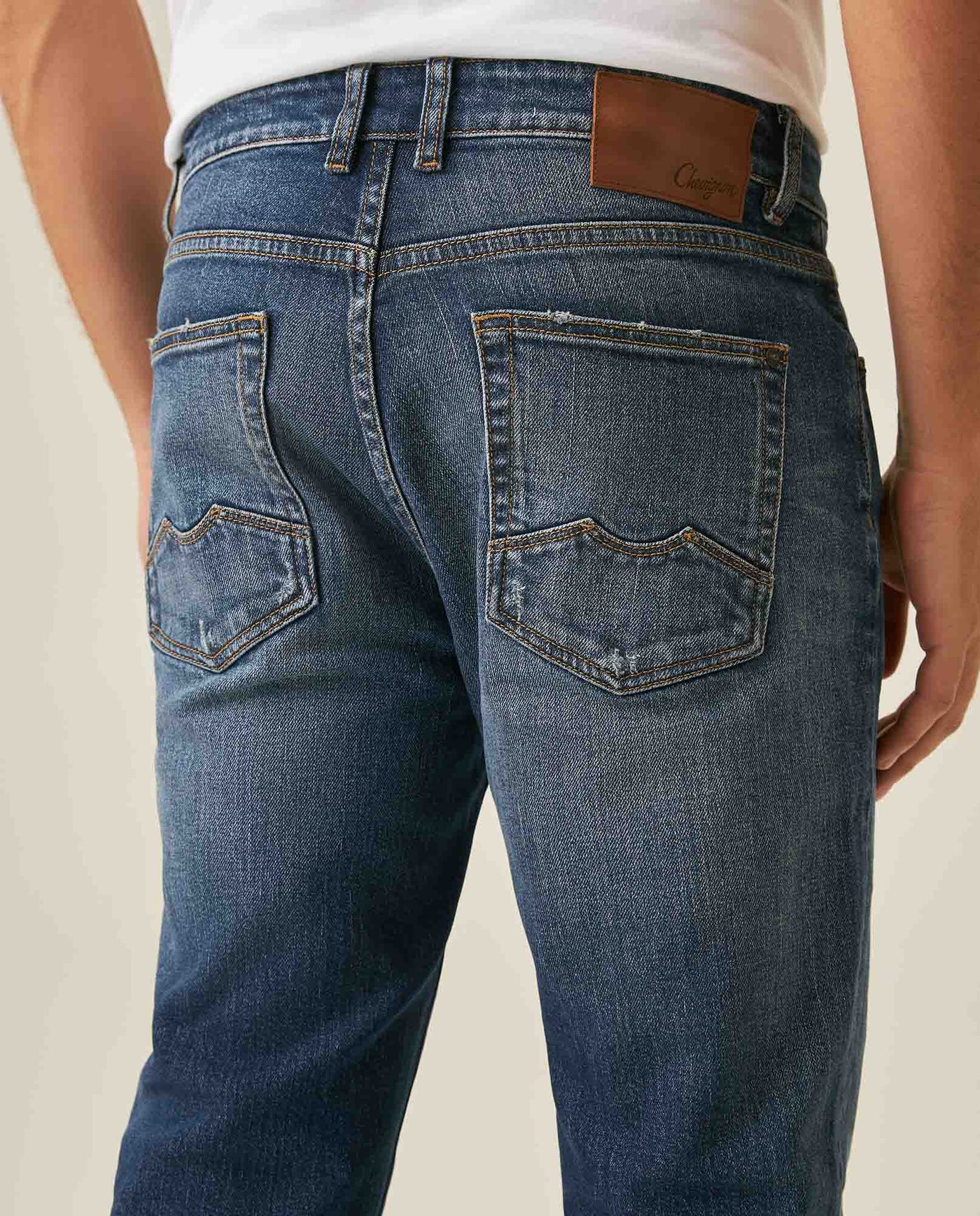 Mens Jeans Straight Fit Mid Rise Dark Wash Cotton Elastane Classic Distressing Mini Rips Embroidered - Blue 63_331H023_AZU184140_7