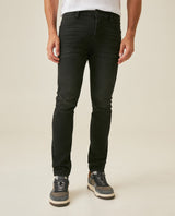Mens Jeans Skinny Fit Low Rise Black Wash Cotton Polyester Elastane Subtle Knee Thigh Distressing - Black 63_331H024_NEG194004_0