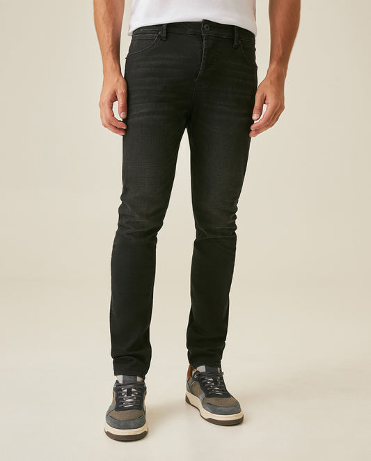 Mens Jeans Skinny Fit Low Rise Black Wash Cotton Polyester Elastane Subtle Knee Thigh Distressing - Black 63_331H024_NEG194004_0