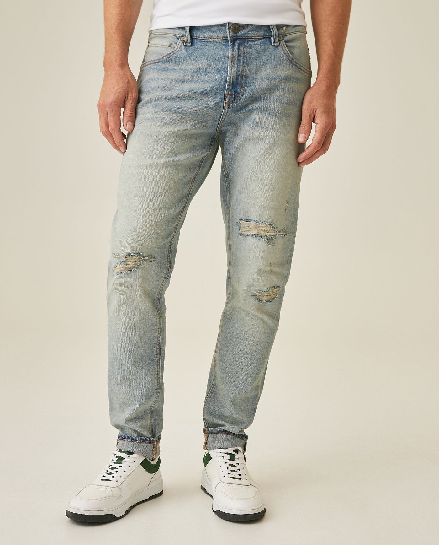 Mens Jeans Skinny Fit Low Rise Light Wash Cotton Elastane Distressed Vintage Patches 3 Button Fly - Blue 63_331H026_AZU154020_0