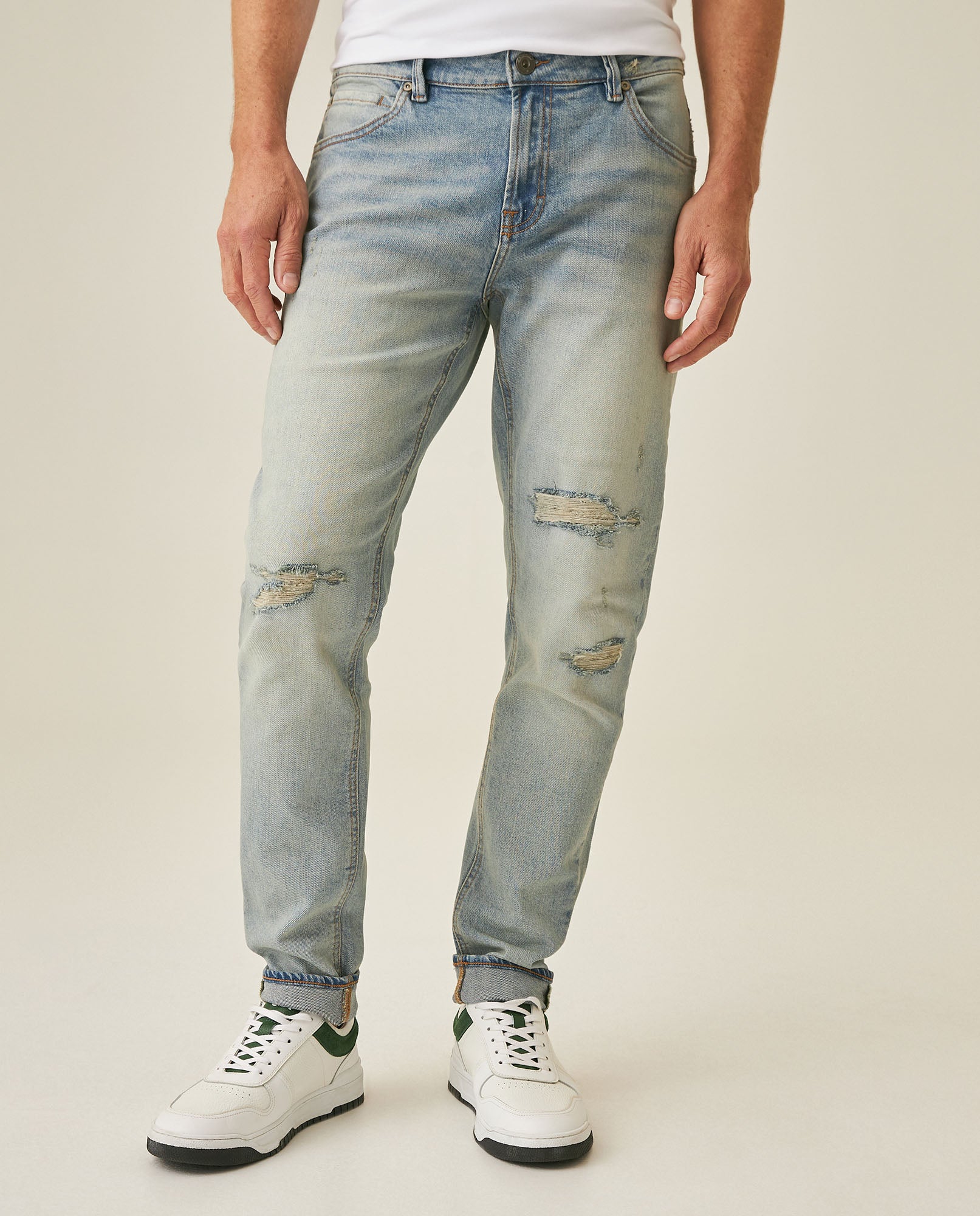 Mens Jeans Skinny Fit Low Rise Light Wash Cotton Elastane Distressed Vintage Patches 3 Button Fly - Blue 63_331H026_AZU154020_0