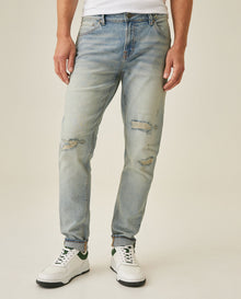 Mens Jeans Skinny Fit Low Rise Light Wash Cotton Elastane Distressed Vintage Patches 3 Button Fly - Blue 63_331H026_AZU154020_0