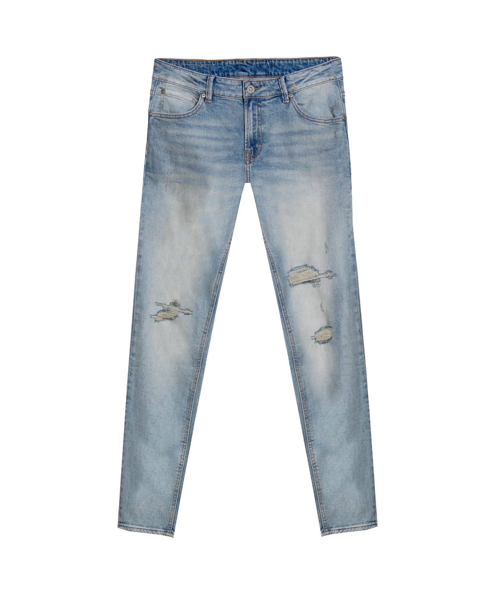 Mens Jeans Skinny Fit Low Rise Light Wash Cotton Elastane Distressed Vintage Patches 3 Button Fly - Blue 63_331H026_AZU154020_3