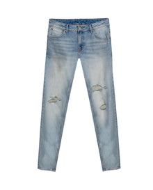 Mens Jeans Skinny Fit Low Rise Light Wash Cotton Elastane Distressed Vintage Patches 3 Button Fly - Blue 63_331H026_AZU154020_3