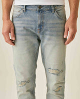 Mens Jeans Skinny Fit Low Rise Light Wash Cotton Elastane Distressed Vintage Patches 3 Button Fly - Blue 63_331H026_AZU154020_5