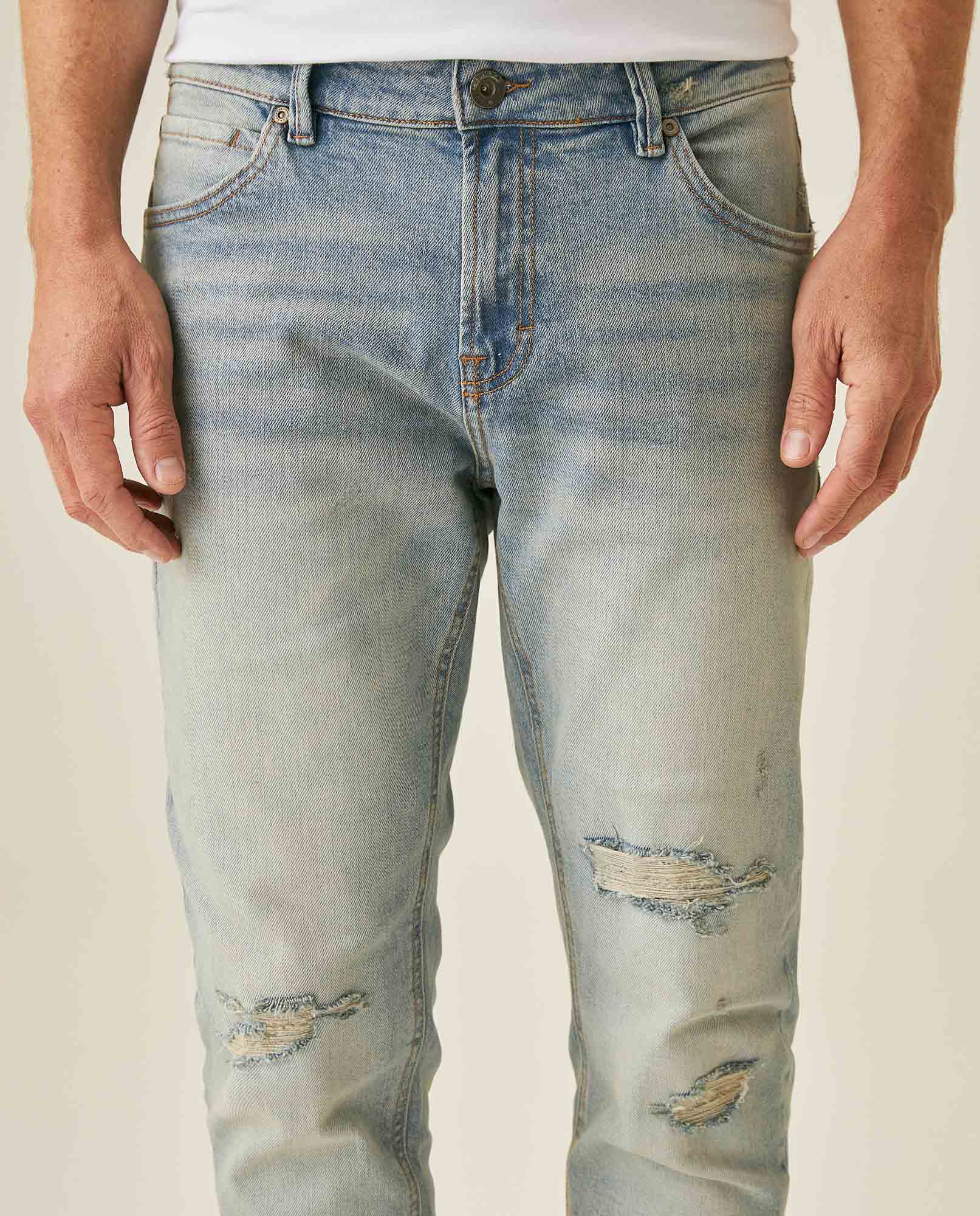 Mens Jeans Skinny Fit Low Rise Light Wash Cotton Elastane Distressed Vintage Patches 3 Button Fly - Blue 63_331H026_AZU154020_5