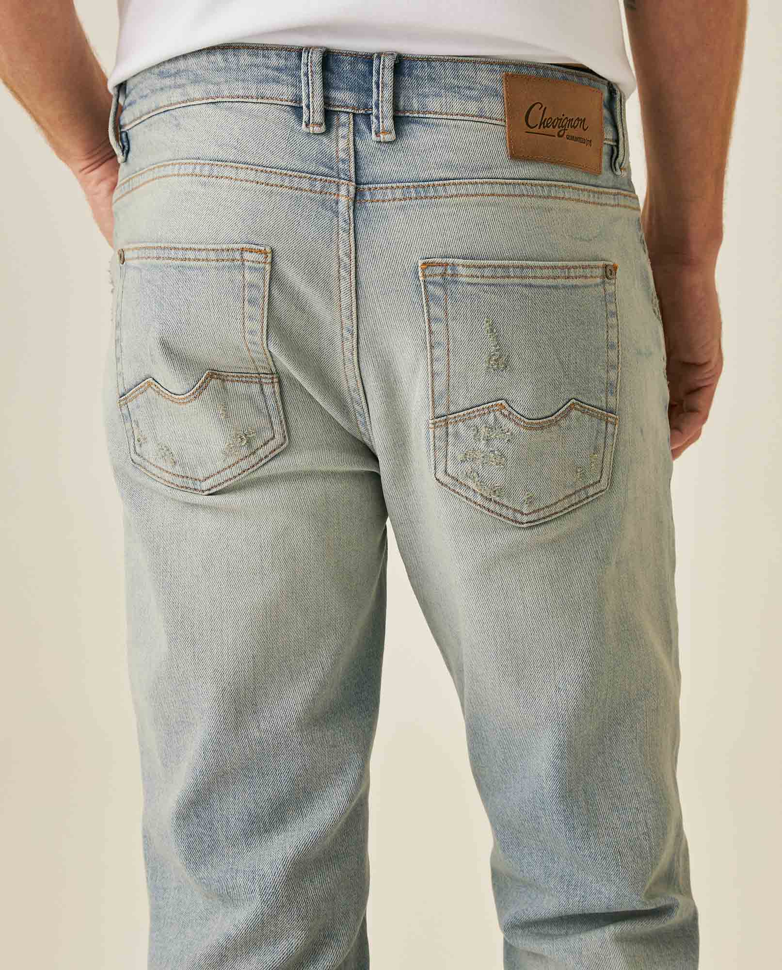 Mens Jeans Skinny Fit Low Rise Light Wash Cotton Elastane Distressed Vintage Patches 3 Button Fly - Blue 63_331H026_AZU154020_7